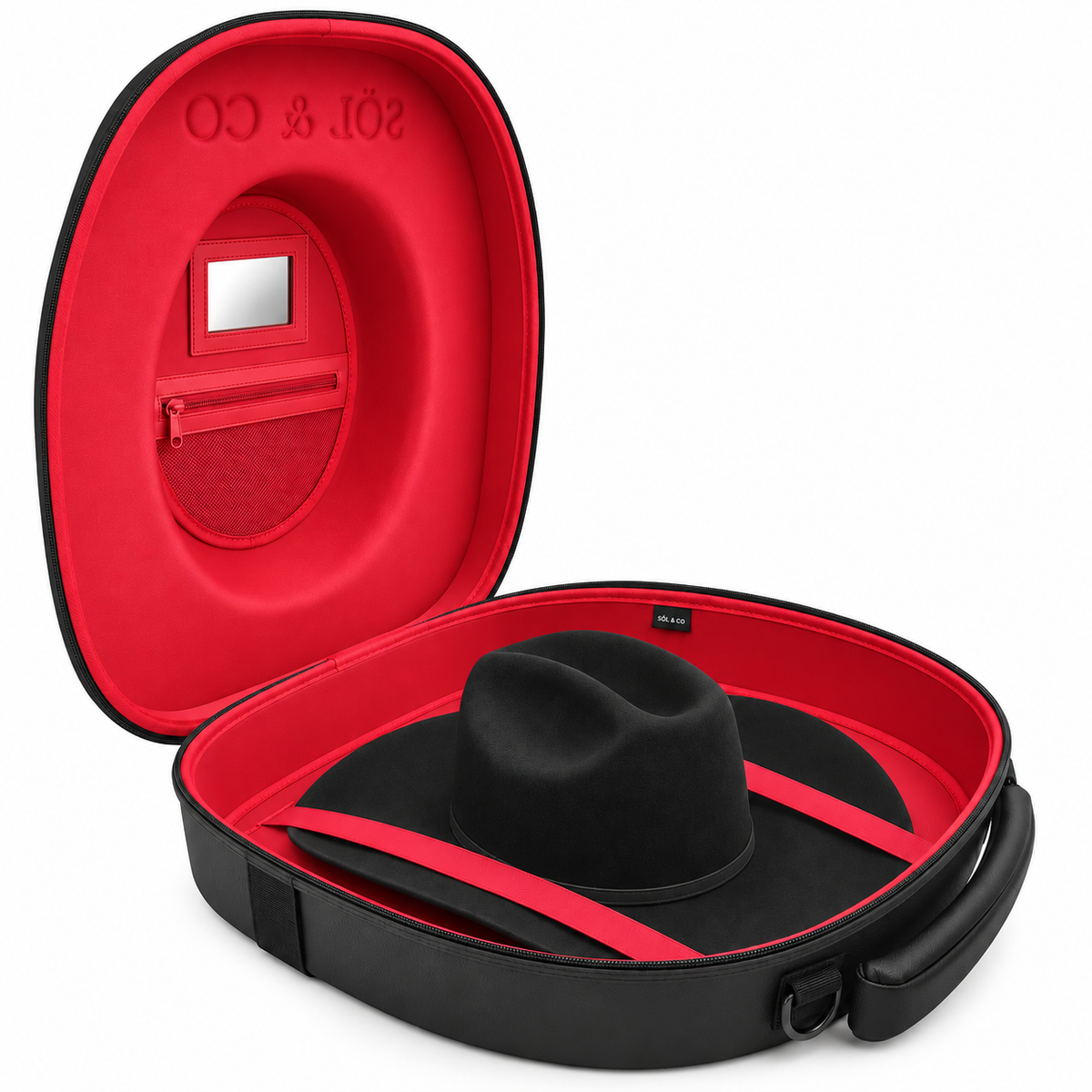 Voyager hat travel case open, showing the Signature Red suede-lined interior with a black felt hat secured under crossed straps