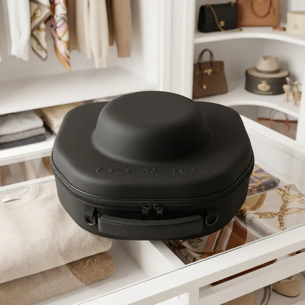 Voyager Hat Travel Case in an open dressing room