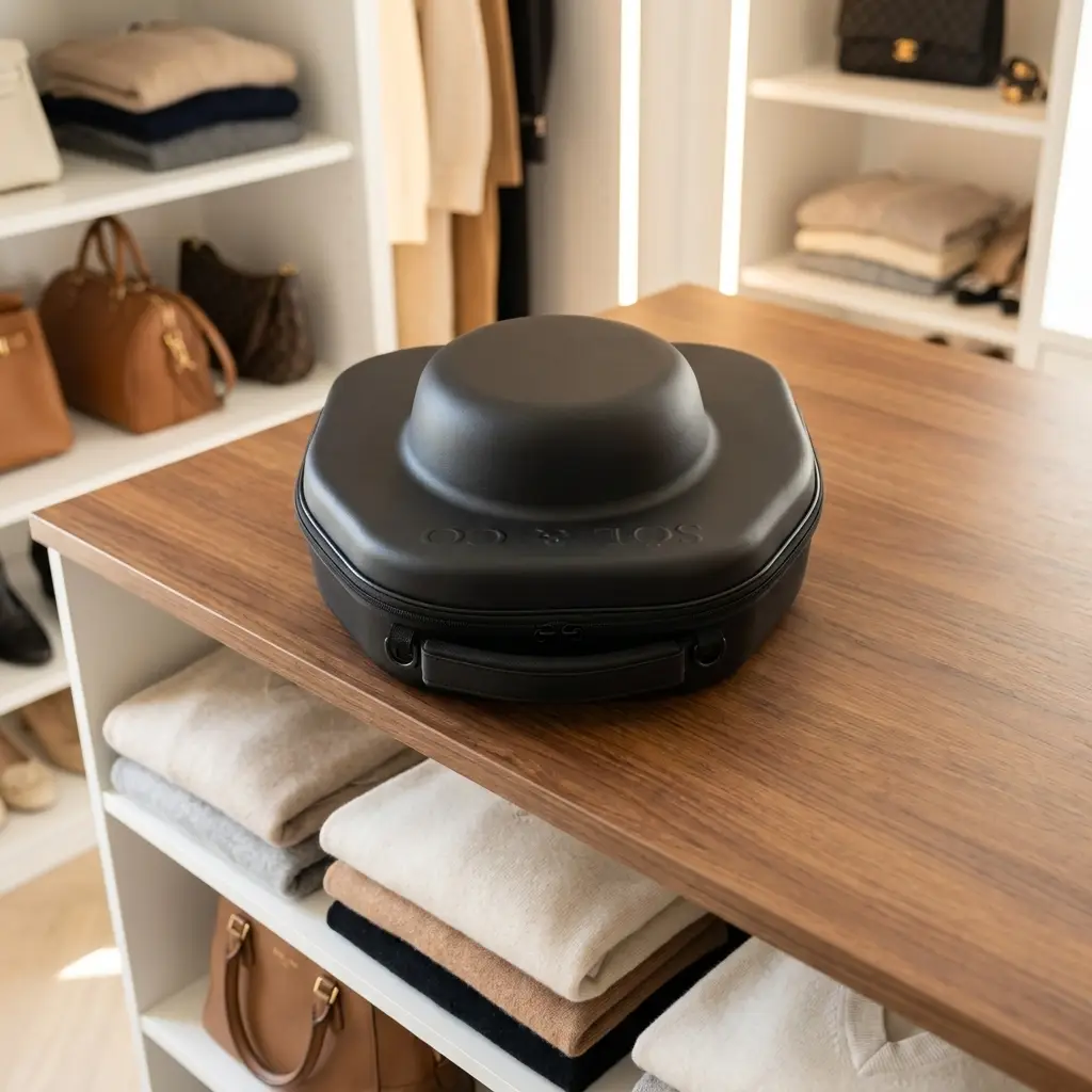 Voyager Hat Travel Case on a shelf beside folded knitwear
