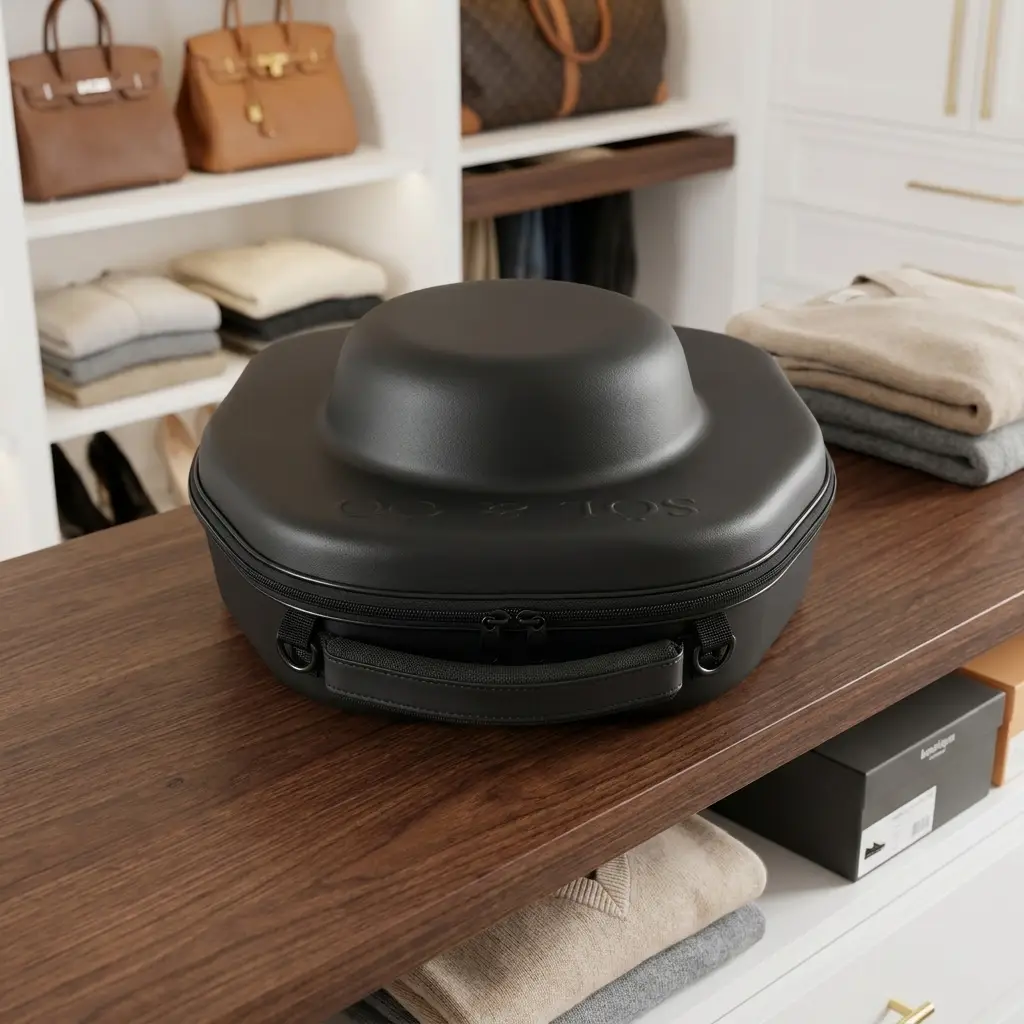 Voyager Hat Travel Case resting on a walnut table in a dressing room